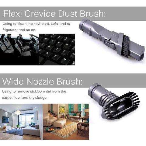 Flexi Crevice Dust Brush and Wide Nozzle Brush from Gotta Have 7 Pack Vacuum Attachments Replacement Kit For Dyson Vacuum Cleaners V6 DC44 DC33 DC35 DC39 DC58 DC59 DC62 DC61 With Crevice Tool Dusting Brush Upholstery Tool And Wide Nozzle Heads