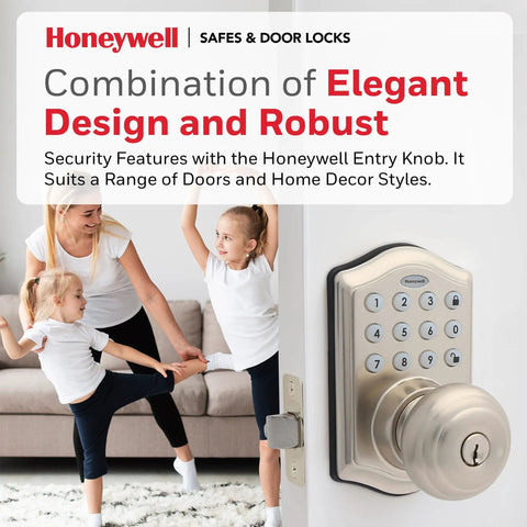 Keyless Entry Smart Door Knob Lock With Digital Keypad, Auto Lock, 50 User PIN Codes, One Touch Locking, Satin Nickel Finish shown on door.