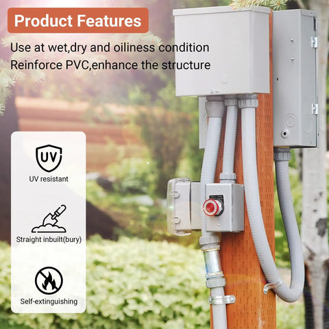 Half Inch Liquid Tight PVC Conduit Kit With 100 Feet, Ten Connectors, Five Straight And Five Ninety Degree Fittings, Grey installed outdoors
