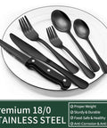 Black Flatware Set For 4 With Steak Knives 24 Piece Stainless Steel Cutlery on a white plate with product features listed