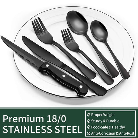 Black Flatware Set For 4 With Steak Knives 24 Piece Stainless Steel Cutlery on a white plate with product features listed