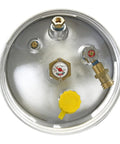 Top view of Flame King 33.5lb aluminum forklift propane tank showing gauge, valve, and yellow cap