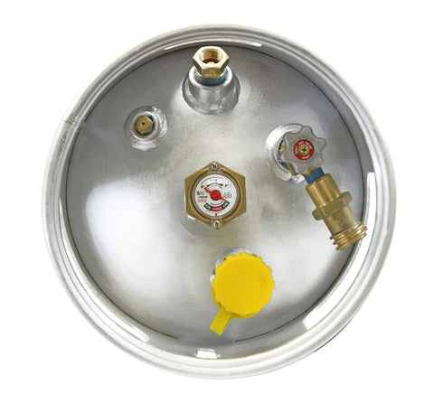 Top view of Flame King 33.5lb aluminum forklift propane tank showing gauge, valve, and yellow cap