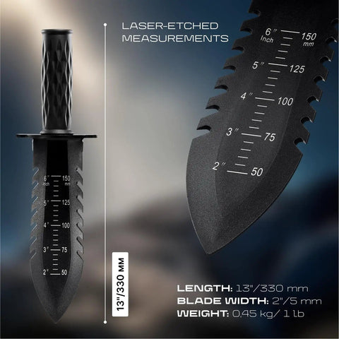 Close-up of the Beefy Heavy Duty Metal Detecting Shovel With Double Serrated Blade showing laser-etched measurements.