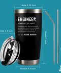 Engineer Definition Funny Drinkware For Engineers And Students Newly Licensed Passers Vacuum Insulated Tumbler Stainless Steel With Straw And Removable Lid 20 Oz, showing tumbler, lid, straw, and cleaner