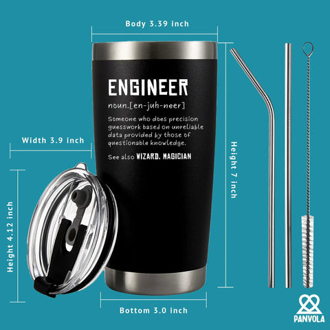 Engineer Definition Funny Drinkware For Engineers And Students Newly Licensed Passers Vacuum Insulated Tumbler Stainless Steel With Straw And Removable Lid 20 Oz, showing tumbler, lid, straw, and cleaner