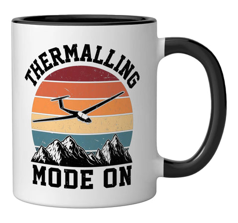 Glider Pilot Ceramic Mug For Sailplane Enthusiasts, Soaring Sky Themed Coffee Mug In Black And White with 'Thermalling Mode On' design