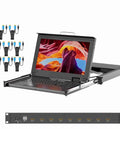 15.6 Inch HDMI KVM Console With Eight Port Switch And Hotkey Control, 1U Rackmount Server Monitor open with cables