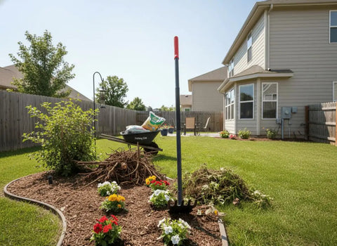 Dual Hoe And Rake Garden Tool With 58 Inch Fiberglass Shaft standing in a garden bed with flowers and mulch next to a house