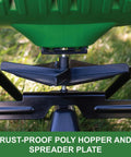 Push Broadcast Spreader With 130 Lb Capacity And Rust Proof Poly Hopper Covers About Half Acre showing base and spreader plate