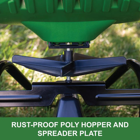 Push Broadcast Spreader With 130 Lb Capacity And Rust Proof Poly Hopper Covers About Half Acre showing base and spreader plate