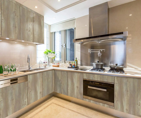 Peel And Stick Faux Wood Grain Wallpaper For Cabinets And Counters Self Adhesive Removable Oak Look in a modern kitchen
