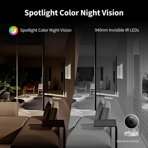 Image showing split view of 2K Indoor Outdoor Security Camera With Spotlight Color Night Vision And AI Detection at night.