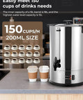 Large-Capacity Commercial Coffee Urn Dispenser 15 L Keeps Beverages Hot, stainless steel, with cups displayed, 1500W power
