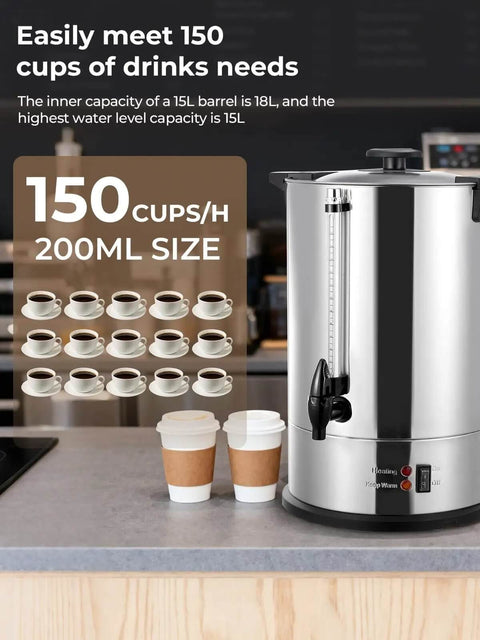 Large-Capacity Commercial Coffee Urn Dispenser 15 L Keeps Beverages Hot, stainless steel, with cups displayed, 1500W power