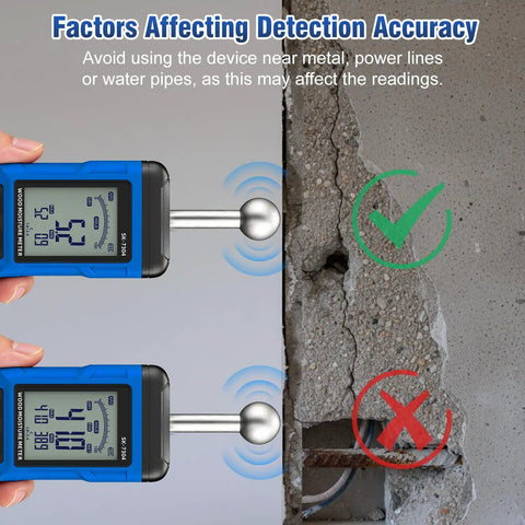 Rechargeable Pinless Moisture Meter For Drywall, Wood, Walls, And Masonry, Non Destructive Humidity Detector With 20 To 100 Mm Measuring Depth, Type C Charging, Pro Grade, Handy For Lumber, Concrete, And More, Blue showing concrete wall readings