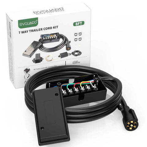 8 Foot 7 Way Trailer Cord With Waterproof Junction Box Kit Including 12V Breakaway Switch And Plug Holder, 7 Color Coded Wires