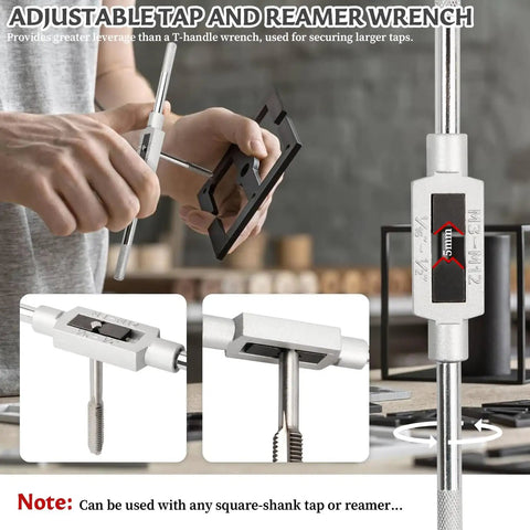 Adjustable tap and reamer wrench from Heavy Duty 8 Piece Metric Thread Taps Set With Adjustable Tap Wrench High Speed Steel M3 Through M12.