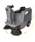 Tough As Nails Ride On Floor Sweeper With A Massive 50 Inch Sweep Path Big 26 Gallon Hopper And Dependable Brushless Motor For Warehouses And Parking Lots, gray color, close-up front view.