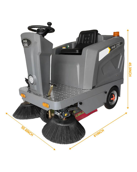 Tough As Nails Ride On Floor Sweeper With A Massive 50 Inch Sweep Path Big 26 Gallon Hopper And Dependable Brushless Motor For Warehouses And Parking Lots, gray color, close-up front view.