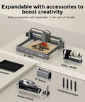 Dope 10W Desktop Laser Engraver Kit With Preassembled Frame, 0.01mm Precision, Wireless App Control, shown with accessories
