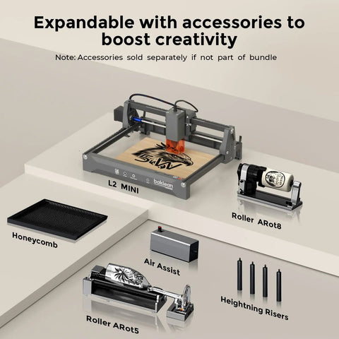 10W Desktop Laser Engraver With Full Safety Enclosure, Wireless App Control, And 0.01mm Precision, with accessories on display