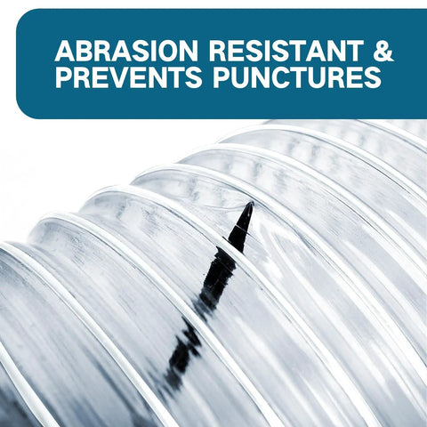 Close-up of Clear PVC Dust Collection Hose 4 Inch By 10 Foot, puncture-resistant, showing carbon steel wire coil detail.