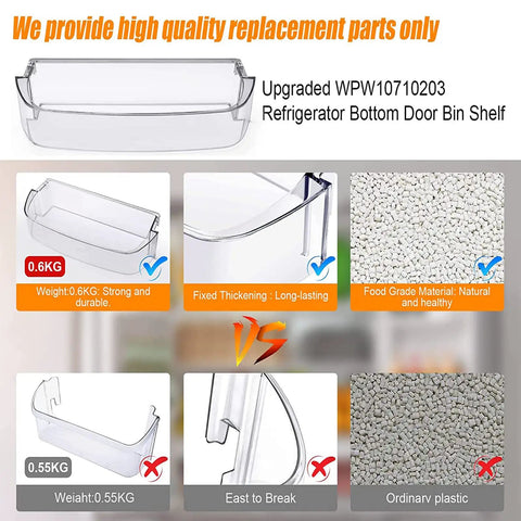 Fridge Door Shelf Bin Replacement For Whirlpool Parts W10710203 WPW10710203VP showing weight and durable material details.