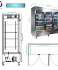 Heavy Duty Commercial Reach In Fridge With Three Tempered Glass Doors Solid Stainless Steel Kitchen Workhorse Real Deal Cold Display Cooler Designed For Busy Bars And Convenience Stores 82 Inches Wide dimensions and side view