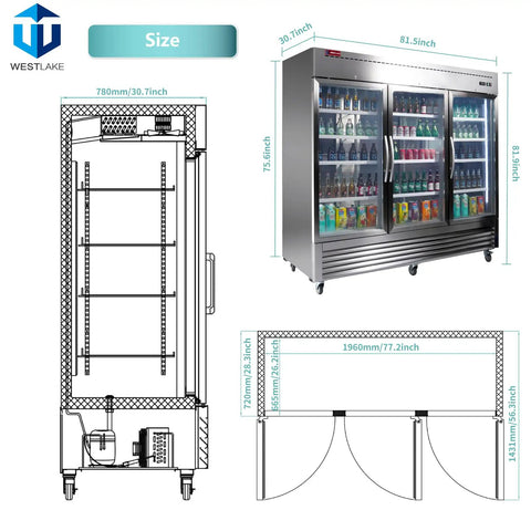 Heavy Duty Commercial Reach In Fridge With Three Tempered Glass Doors Solid Stainless Steel Kitchen Workhorse Real Deal Cold Display Cooler Designed For Busy Bars And Convenience Stores 82 Inches Wide dimensions and side view