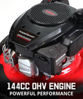 Close-up of 144cc OHV engine on Gas Push Lawn Mower With 21 Inch Deck, 144cc 4 Cycle OHV Engine, 2 In 1 Mulch and Side Discharge.
