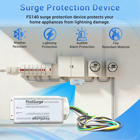 Installed Whole House Surge Protector With 140,000 Amps For 120 And 240V Homes showcasing lightning protection and alarm features.