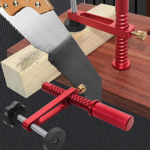 Heavy Duty Aluminum Workbench Clamps With 19mm And 20mm Holes Holdfasts holding wood with saw, red clamps on bench