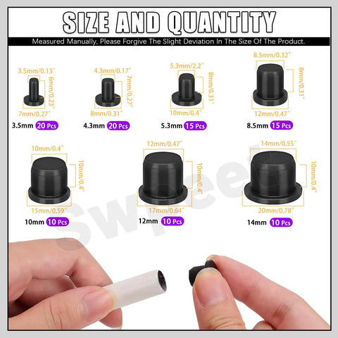 100 Piece Silicone Rubber Plug Kit In Seven Sizes 3.5mm 4.3mm 5.3mm 8.3mm 10.5mm 12.5mm 14mm With T Shaped Stopper Waterproof Sealing