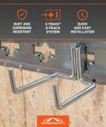 Extended Dual Arm Tool Hook For E Track And X Track Systems 200 Pound Capacity Built Tough Heavy Duty Tool Holder mounted on track