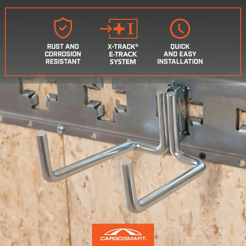 Extended Dual Arm Tool Hook For E Track And X Track Systems 200 Pound Capacity Built Tough Heavy Duty Tool Holder mounted on track