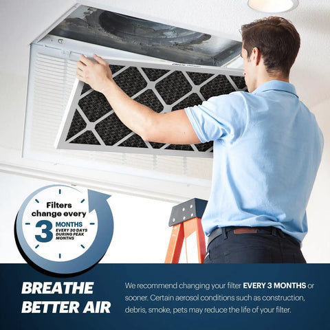 Man installing Odor Defense MERV 12 Air Filter 16x25x1 with Activated Carbon for AC systems, highlighting filter change frequency.