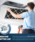Man installing 16x25x1 MERV 12 Odor Defense Air Filter with Activated Carbon for AC HVAC systems, shown as pleated replacement.