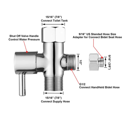 Diagram of Brass T Valve Bidet Connector with Shut Off Valve for Toilet, Chrome Finish, includes size and connection details.