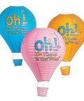 24 Inch Oh The Places Youll Go Hot Air Balloon Hanging Lanterns Set Of 3 For Party Decor And Classroom Celebrations in blue, pink, and orange.