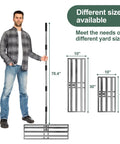 Lawn Leveling Rake With 76 Inch Handle, Stainless Steel Ground Leveler beside man showing size, three heights presented, durable design