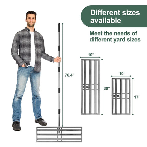 Lawn Leveling Rake With 76 Inch Handle, Stainless Steel Ground Leveler beside man showing size, three heights presented, durable design
