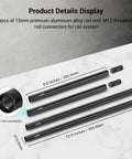 Kickass Aluminum 15mm Camera Rod Kit With Tight Fitting M12 Thread Connectors showing 4 rods and connectors, 8" and 12" lengths.