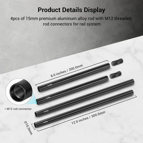 Kickass Aluminum 15mm Camera Rod Kit With Tight Fitting M12 Thread Connectors showing 4 rods and connectors, 8" and 12" lengths.