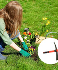 Gardener using 2 Pack 15 Inch Garden Pick Mattock with Red Fiberglass Handle for planting flowers in a garden.