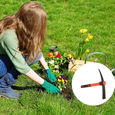 Gardener using 2 Pack 15 Inch Garden Pick Mattock with Red Fiberglass Handle for planting flowers in a garden.