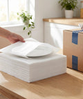 Heavy Duty Foam Cushion Pouches for Dishes and Glassware 120 Pack 11.8 by 9.8 Inches on table with packing box