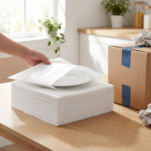 Heavy Duty Foam Cushion Pouches for Dishes and Glassware 120 Pack 11.8 by 9.8 Inches on table with packing box
