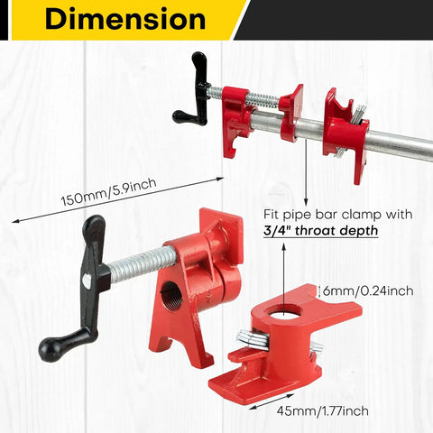 Beefy Heavy Duty Three Quarters Inch Pipe Clamp Set For Woodworking Cast Iron Build With Black Oxide Threads And Durable Baking Varnish Finish For Superior Glue Jobs, 3/4-inch clamp dimensions