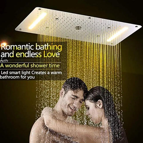 Top Shelf Thermostatic LED Shower System With Ceiling Mounted Rain Showerhead And Solid Brass Handheld Sprayer Plus Anti Scald Multi Function bathroom faucet set featuring a rain shower panel with LED lights.